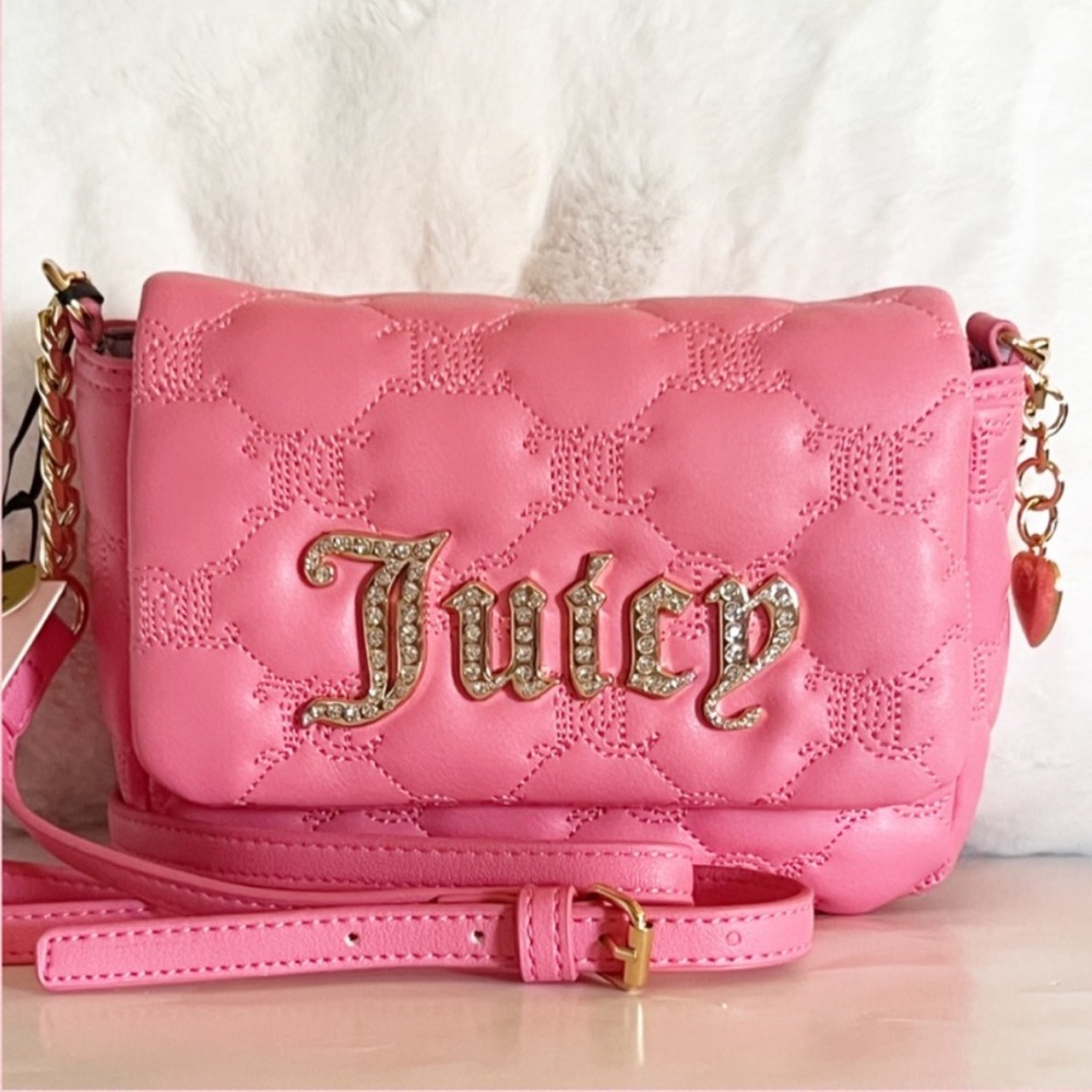 NEW Juicy Couture Pink Quilted Crossbody Bag Rhinestone Logo Mirror Keychain Set - Picture 2 of 12